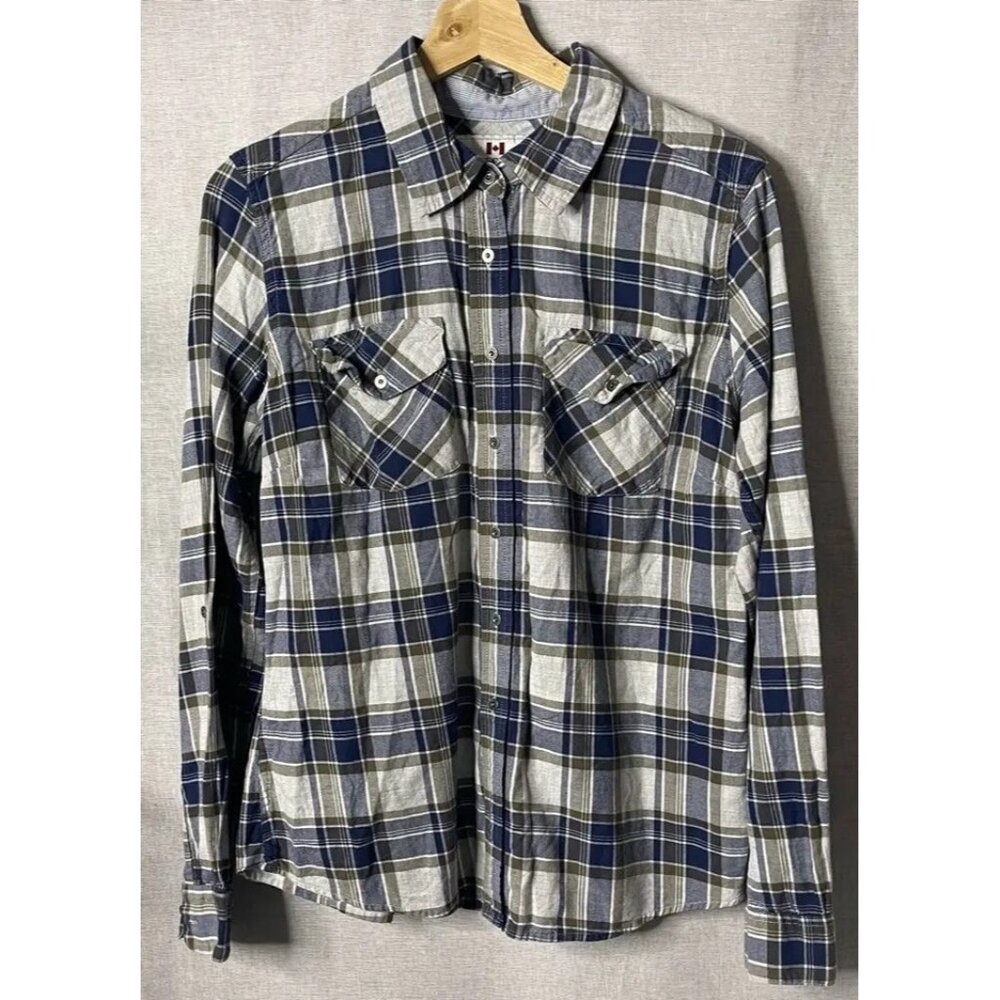 Roots Canada Women's Button-Up Shirt Blue Plaid Long Sleeve Loose Fit Pockets LG